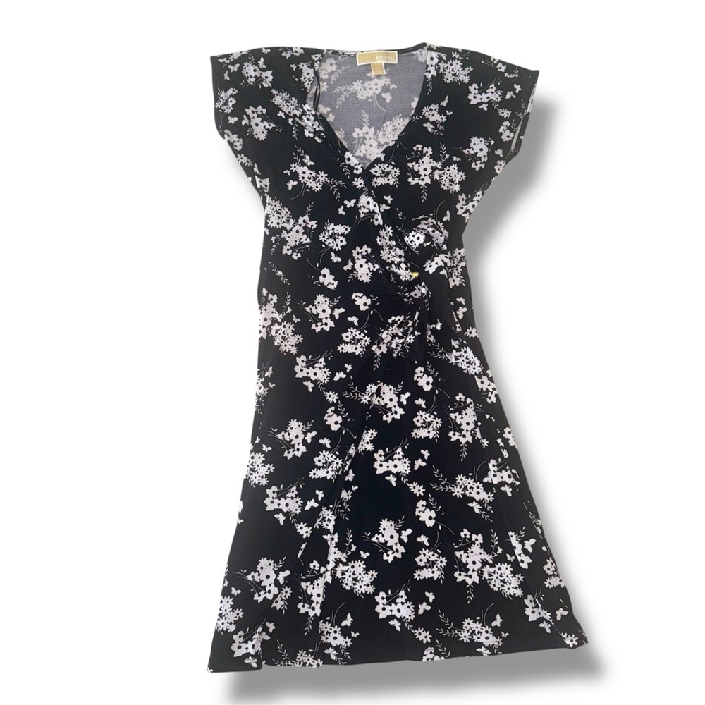 Michael Kors Black and White Floral Wrap Midi Dress Size XS Extra Small